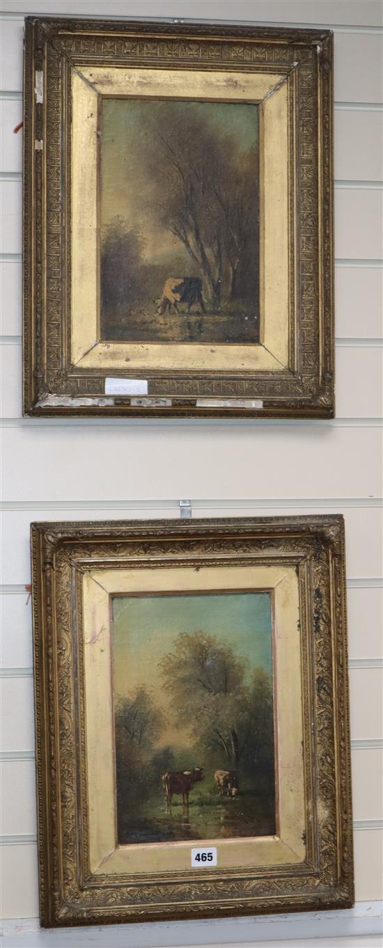 English School c.1900, pair of oils on canvas, Cattle in woodland, indistinctly signed, 30 x 20cm